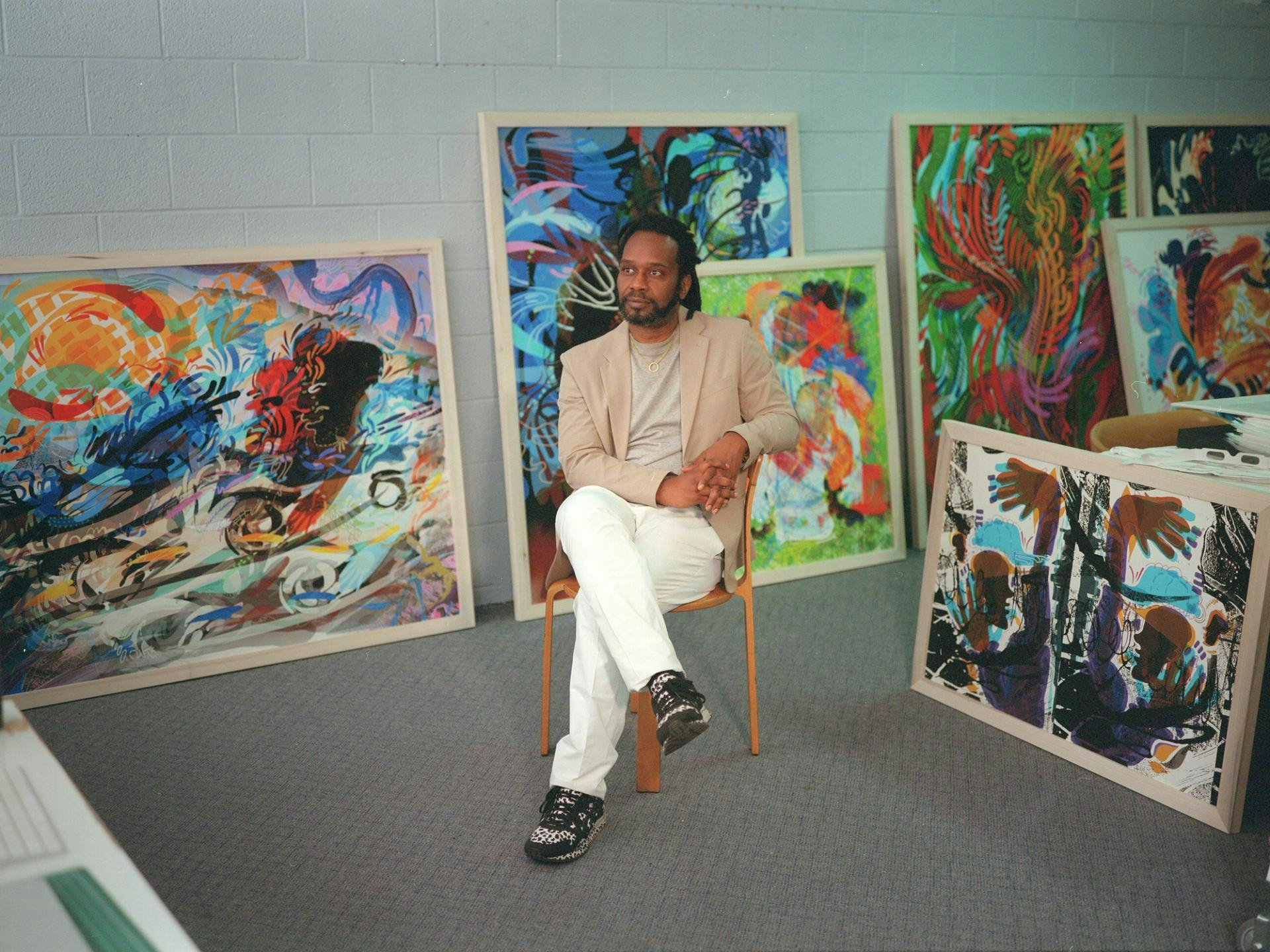 Artist Moses Sun in his studio in Seattle's Brighton neighborhood (Meron Menghistab)