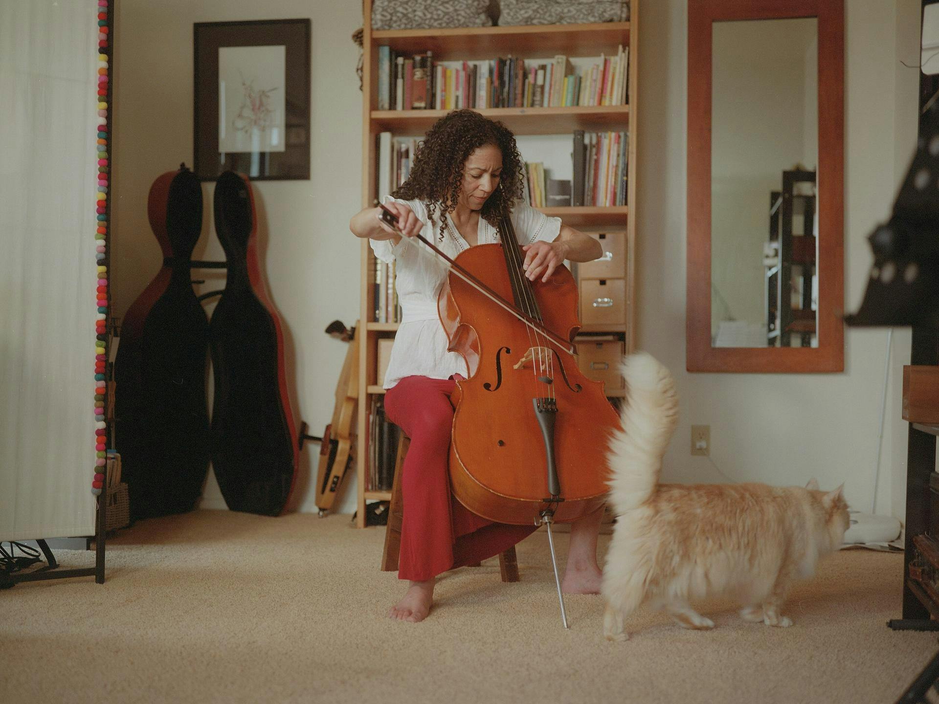 Gretchen Yanover plays her cello at home while a cat walks past her