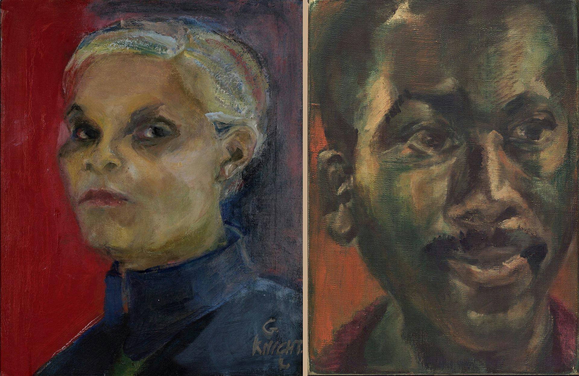 A self-portrait of the artist next to a portrait of her husband, Jacob Lawrence