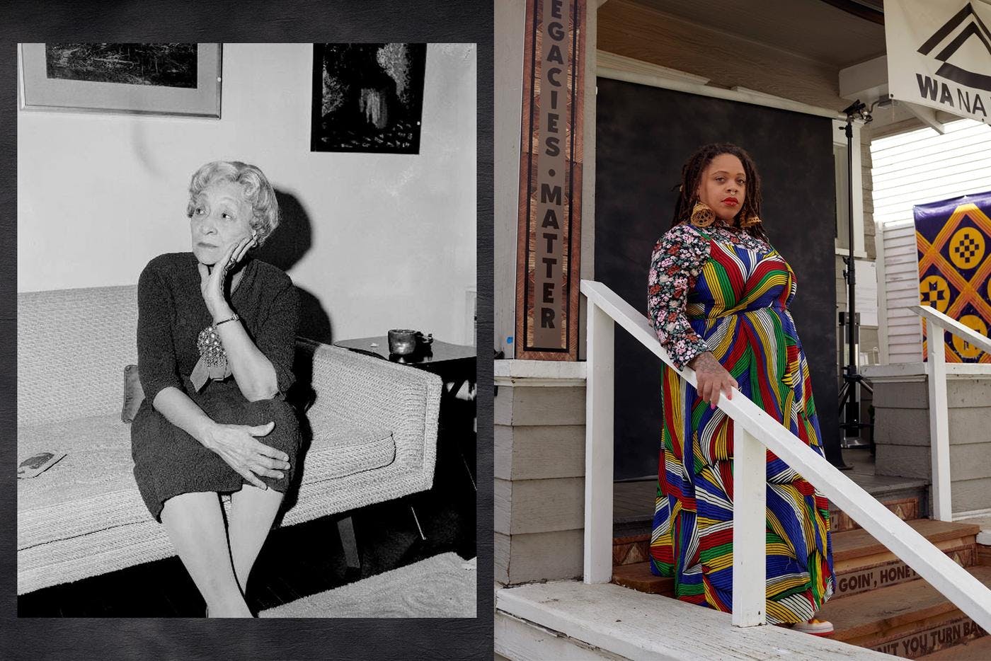 left: a black and white photo of a woman sitting on a couch, right: a woman stands on front porch steps