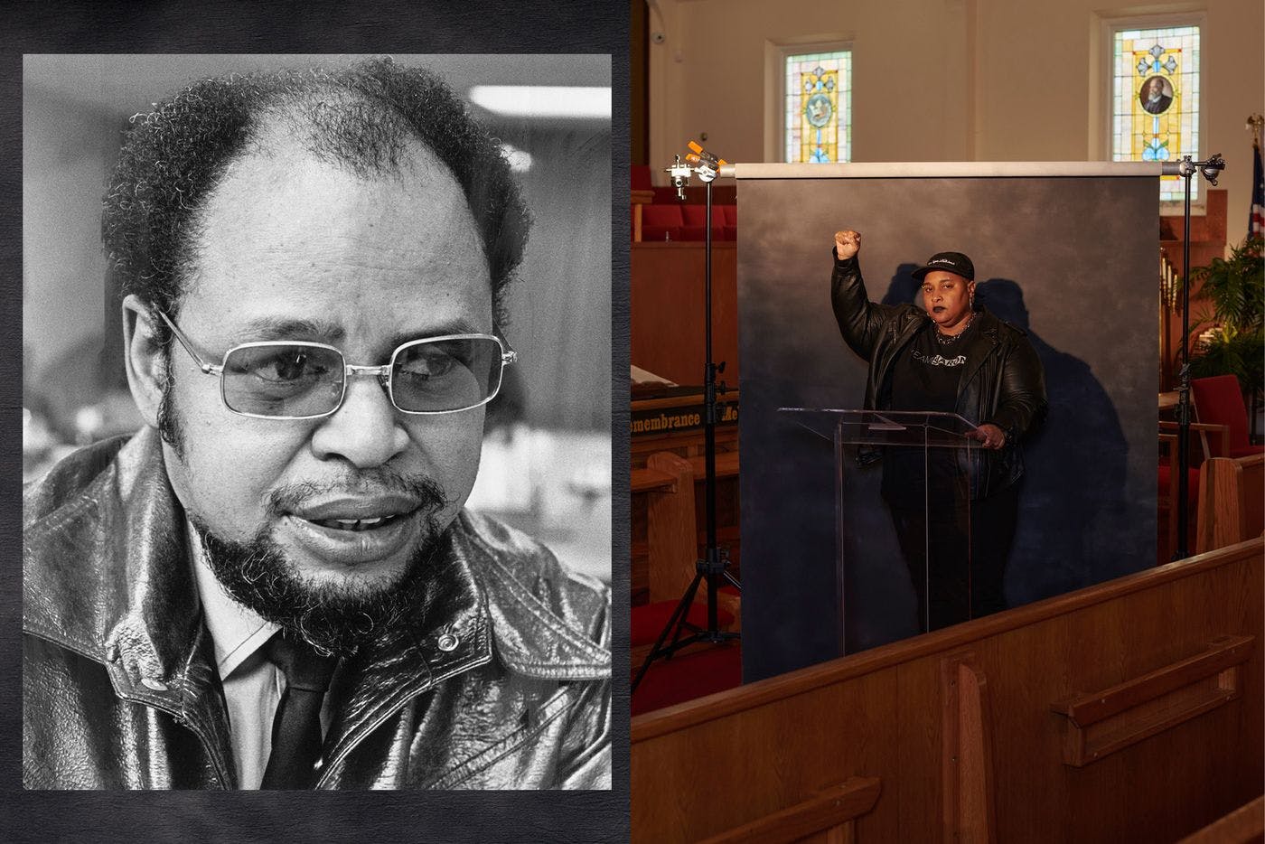 left: a black and white portrait of a man with glasses and a beard. right: a woman stands in front of a backdrop in a church with her fist raised