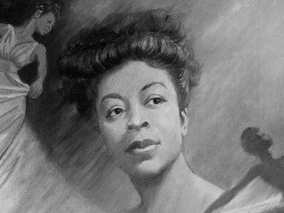 A black and white painting of a woman with her hair up, eyes directed away