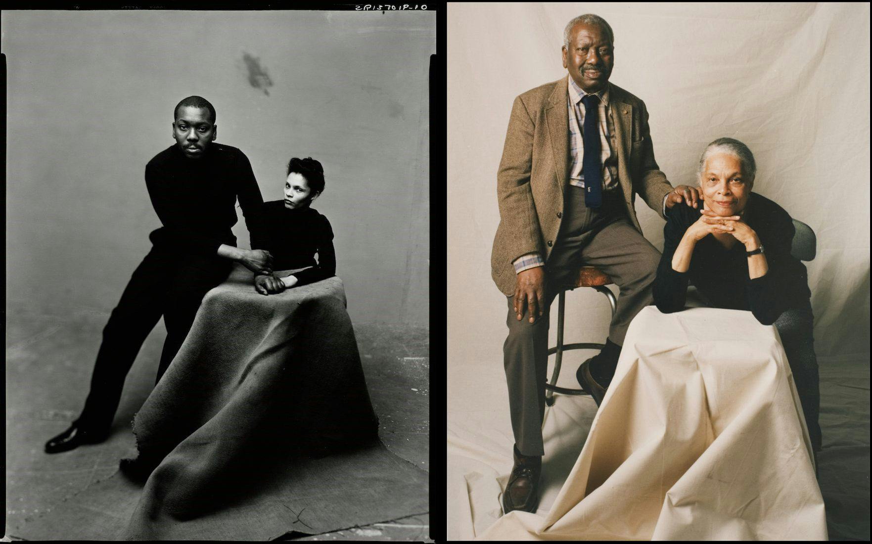 Two side-by-side studio portraits of Jacob Lawrence and Gwendolyn Knight Lawrence