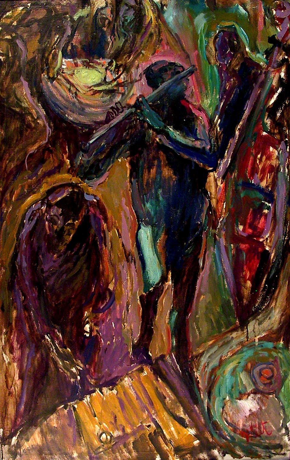 A colorful swirling painting of figures with the central figure playing a flute