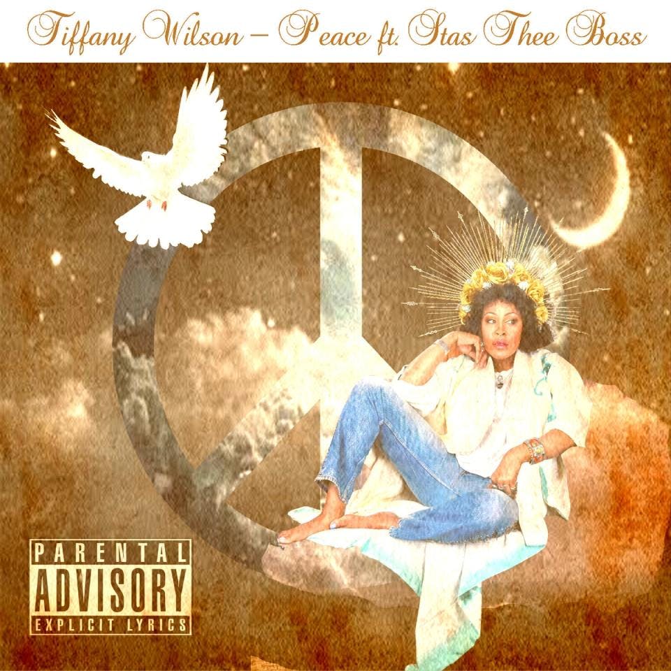 An album cover featuring a woman sitting on a peace sign with a golden, sparkly filter