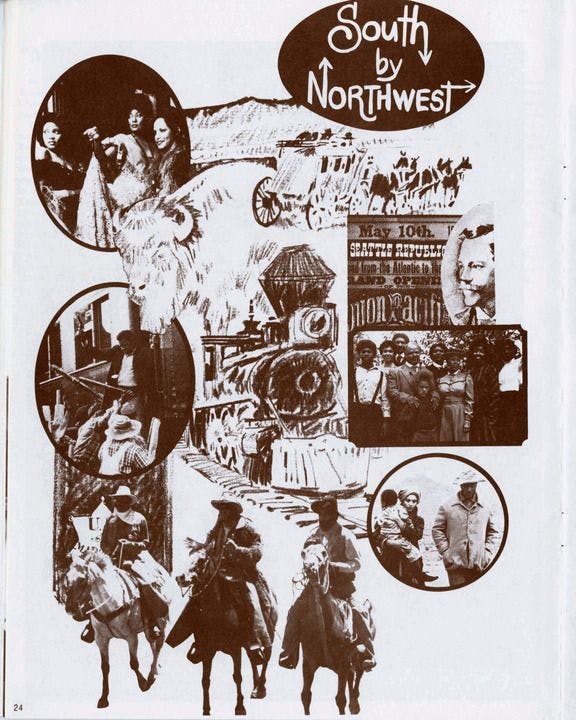 An illustrated cover for a pamphlet promoting the tv show South by Northwest