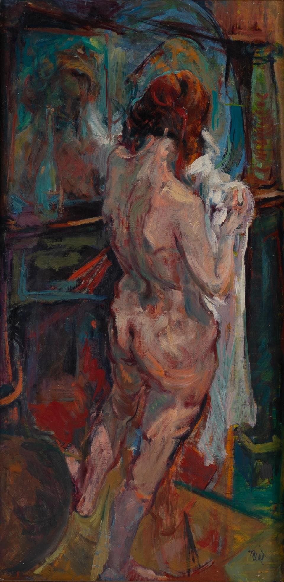 A painting of a the back of a nude woman