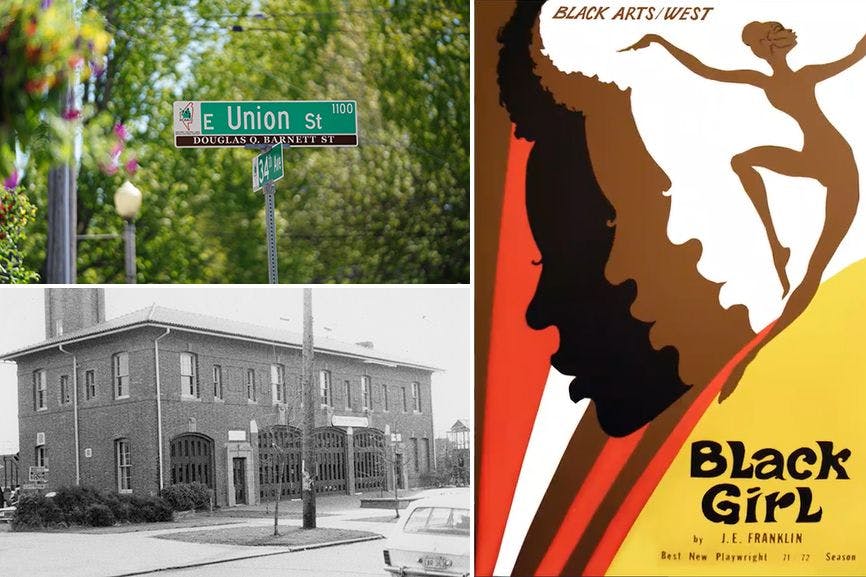 Street sign, building and playbill