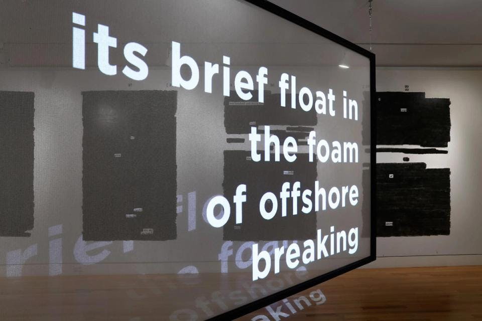 The words "its brief float in the foam of offshore breaking" projected onto a translucent screen